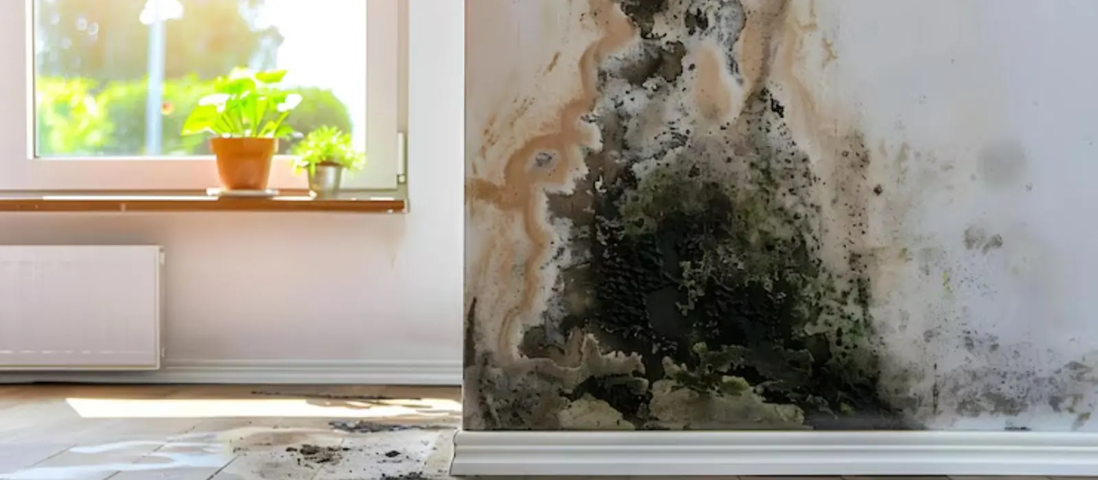 Mold growing on a wall corner near a window after water damage