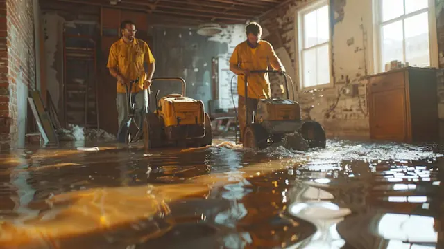 Restoration crew running a floor machine in a water-damaged room